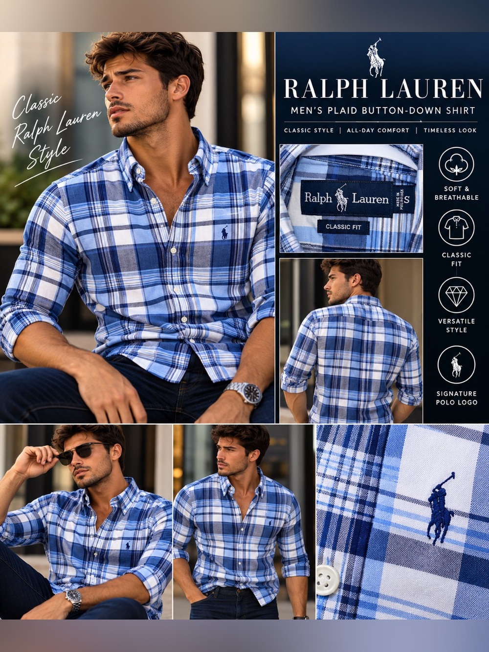 Ralph Lauren Men’s Blue & White Plaid Button-Down Shirt size Small